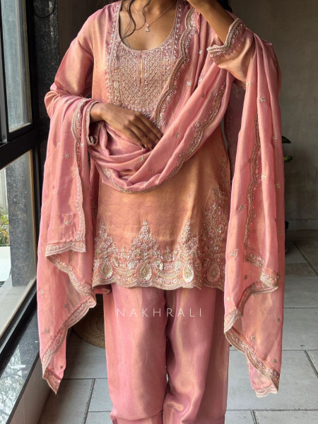 Ahana Pink Suit Set with Cut Dana and Zari Work