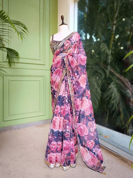 Virel Purple Saree with Floral Print and Sequin Blouse