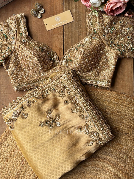 Gilded Ivy Golden Saree with Readymade Blouse  With Zardozi, Sequin & Moti Work