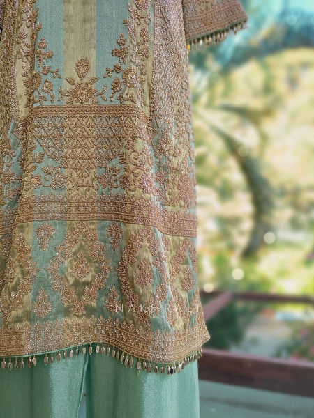 Zariya Sea Green Suit Set with Cut Dana and Zari Work