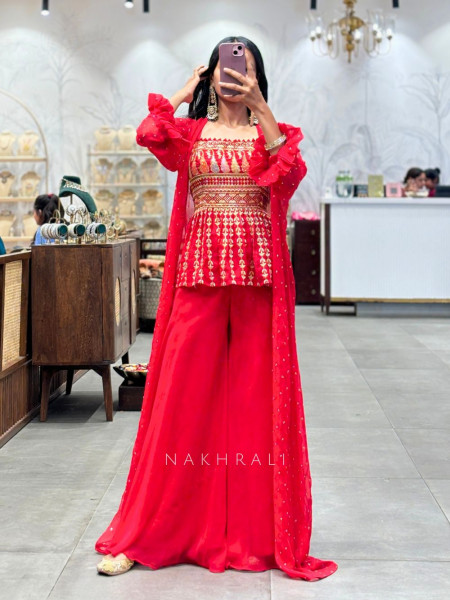 Orange Embroidered Kurta Palazzo Set with Sheer Shrug