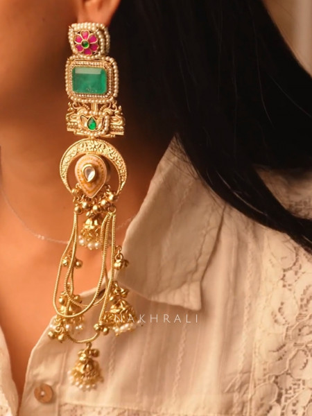 Alora Green Stone Long Kashmiri Earring