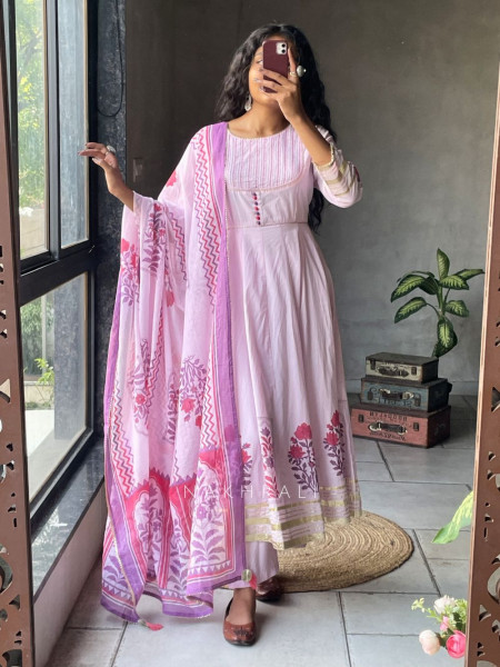Mishka Pink Cotton Anarkali Suit Set with Print Work