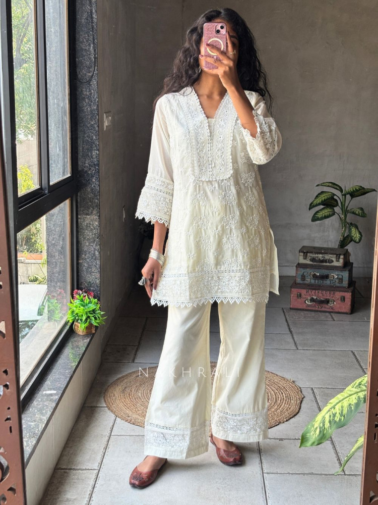 Image of Mirelle Cream Co-ord Set with Lace Embroidery