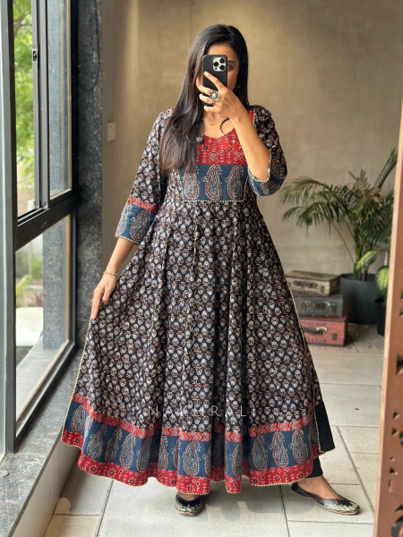 Moh Black Kalidar Block Printed Kurta