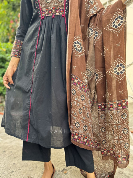 Vanika Black Suit Set with Printed Yoke and Dupatta