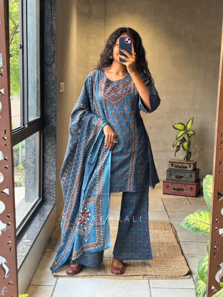 Tarin Blue Cotton Suit Set with Floral Print
