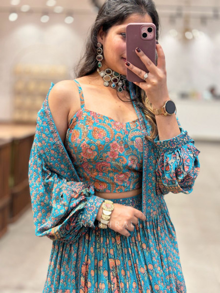 Turquoise Printed Indo-Western Lehenga Set with Jacket