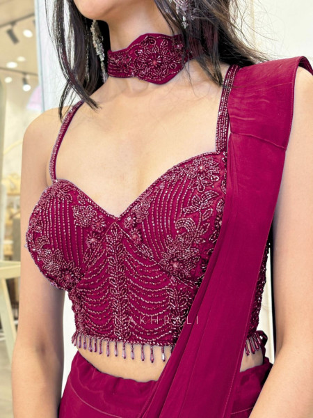 Midnight Glitz Wine Drape Saree with Embellished Blouse