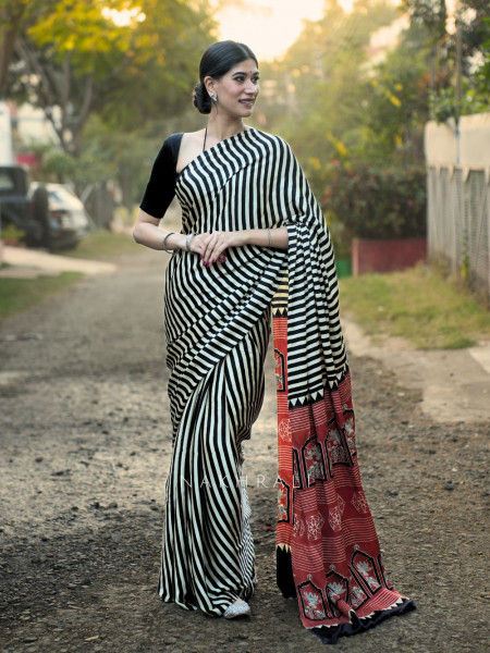 Nivara Black Modal Saree with Stripe and Printed Border