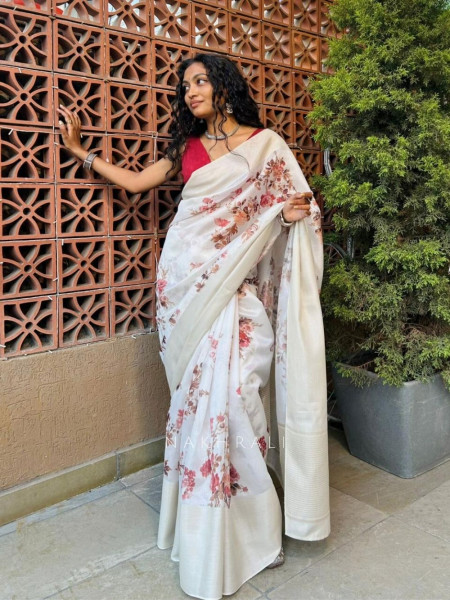 Upvan Cream Floral Printed Saree