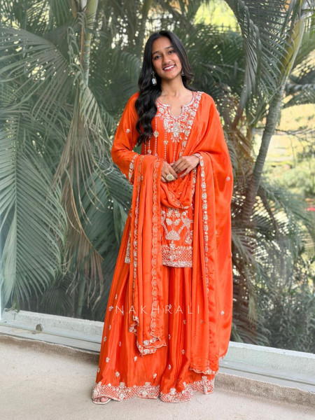 Brivya Orange Georgette Sharara Suit Set with Sequin Zari Work