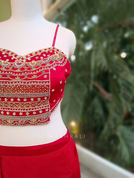 Ruhani Red Crop Top Skirt Set with Embroidered Shrug