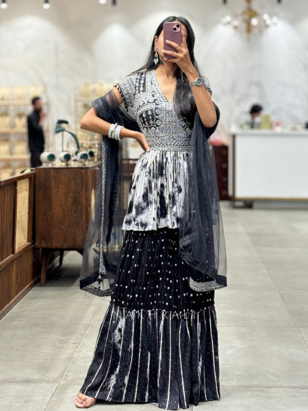 Noir Shine Black Gharara Set with Embroidered Kurta