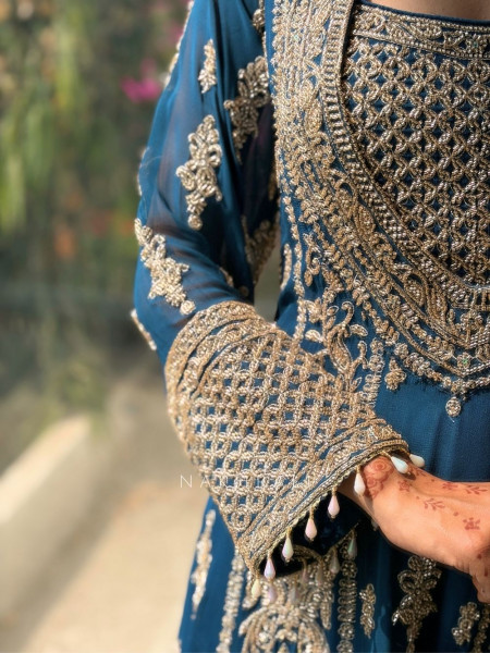 Zyara Blue Suit Set with Cut Dana and Zari Work