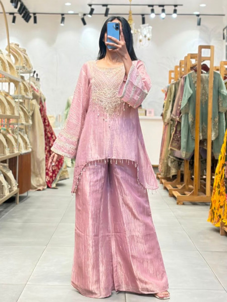 Livia Pink Indo Western Suit Set with Embroidered Neck Detail