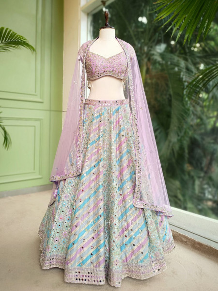 Nyra Multicolor Silk Lehenga Set with Mirror and Thread Embroidery