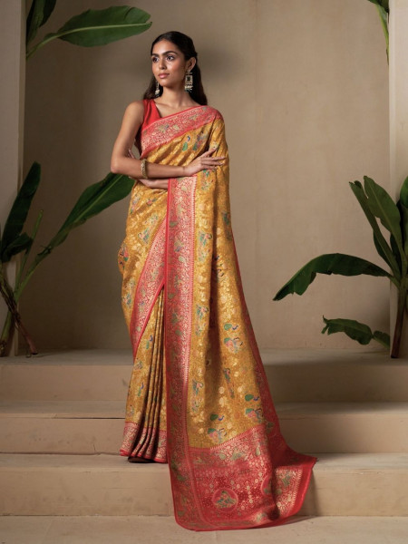 Golden Glow Dola Silk Saree with Red Woven Border