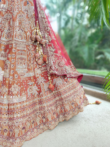 Bhavika Antique Brown Raw Silk Tissue Bridal Lehenga