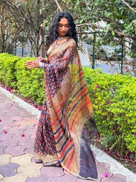 Koshika Blue Kota Handblock Print Saree