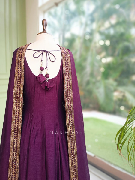 Yashvika Wine Raw Silk  Anarkali Suit Set