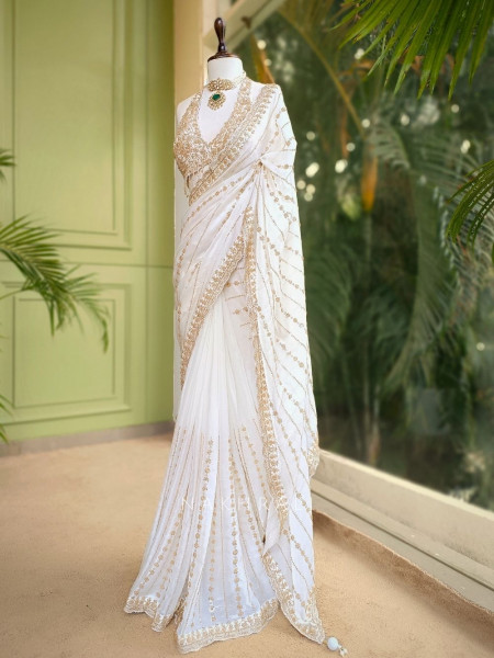 Serenya Ivory Tissue Organza Saree with Sequin & Cut Dana Work