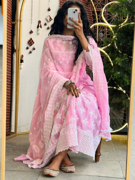 Evara Pink Lucknowi Anarkali Kurta Suit Set