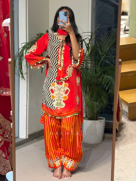 Zeenat-e-Ziba Orange Modal Satin Silk Suit Set With Mughal Floral, Chevron & Coin Detail