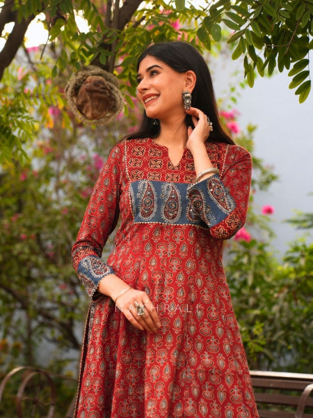 Feroz Maroon Cotton Flared Kurta Pant Set