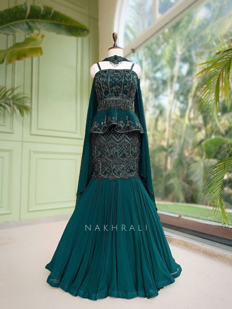 Image of Viridian Green Indo-Western Mermaid Lehenga Set with Cutdana &amp; Bead Work