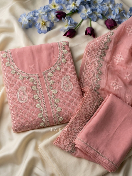 Mridula Pink Dress Material With Embroidered Neckline and Border Detail