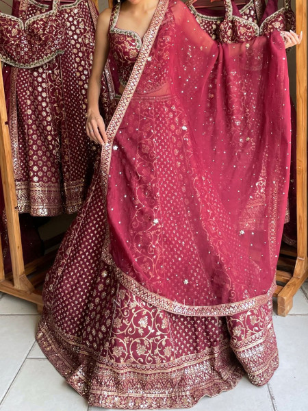 Gul-o-Zari Maroon Corset Lehenga