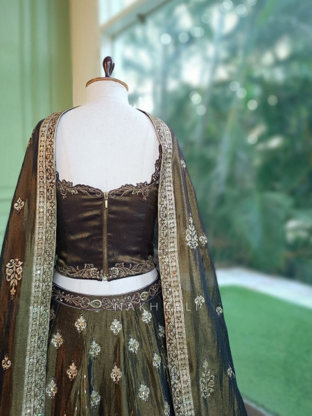 Surmayi Green Mehendi Tissue Silk Indo-Western Lehenga