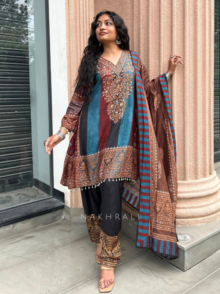 Image of Aranya Blue  Printed Silk Salwar Suit Set