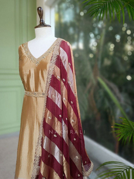 Virelle Golden Silk Anarkali Suit Set with Zari and Sequin Work