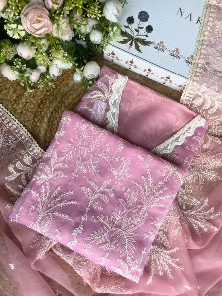 Flora Vine Pink Embroidered Dress Material Set