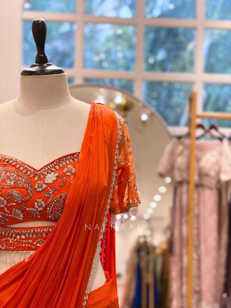 Aarini Orange Embroidered Drape Skirt Set