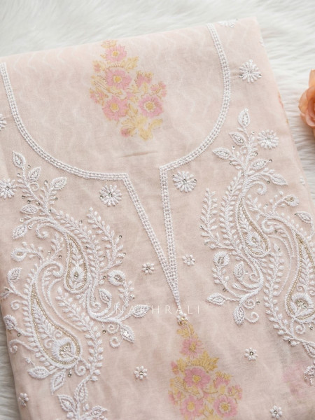 Clarivelle Peach Floral Printed Dress Material with Thread Embroidery