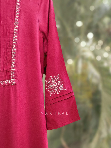 Naira Maroon Cotton Kurta with Pleated Neck and Embroidery
