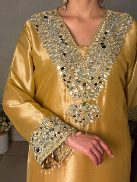 Aks Golden Tissue Suit Set with Mirror Zari Work