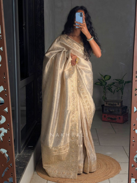 Naazneen Cream Sequin & Zari Saree