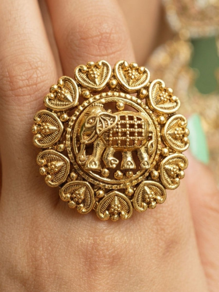Tanira Golden Elephant Motif Statement Ring
