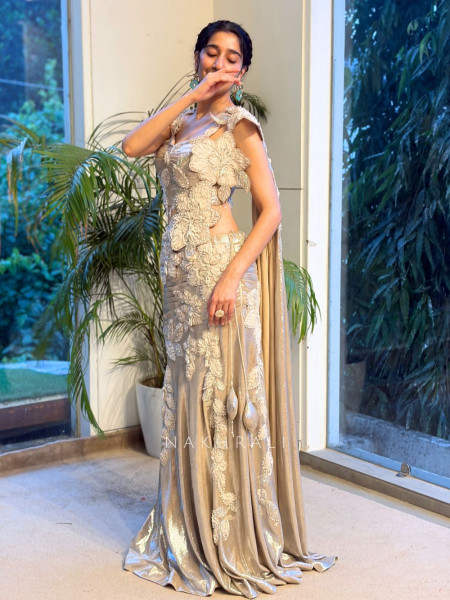 Shaina Beige Crushed Metallic Tissue Silk Indo-Western Lehenga