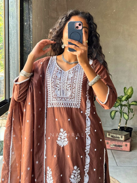 Saesha Brown Chikankari Kurta Set with Dupatta