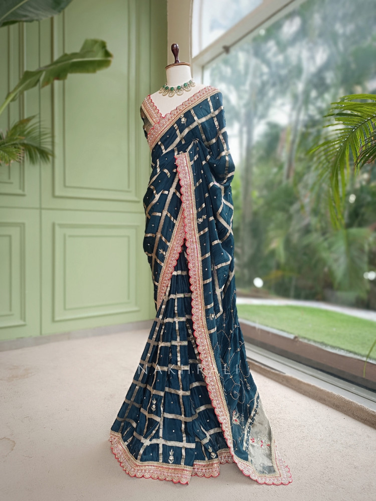 Image of Koshira Teal Blue Pure Dola Silk Saree WIth Gotta Patti, Resham &amp; Scalloped Zari Border