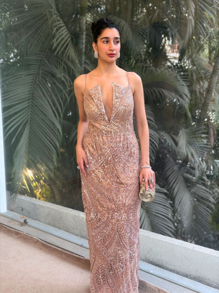 Celestine Beige Evening Gown with Sequin and Cut Dana Work