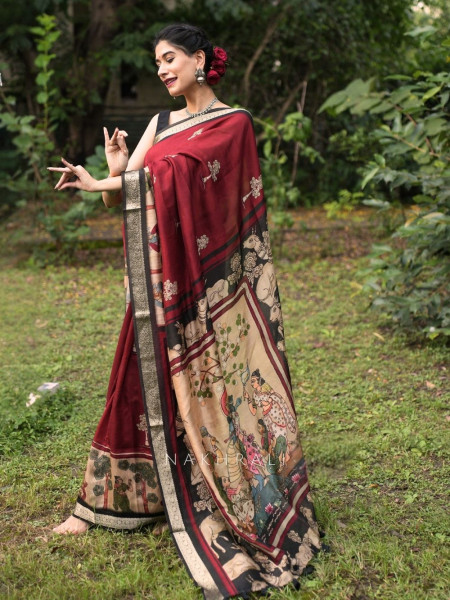 Aarshika Maroon Madhubani Saree