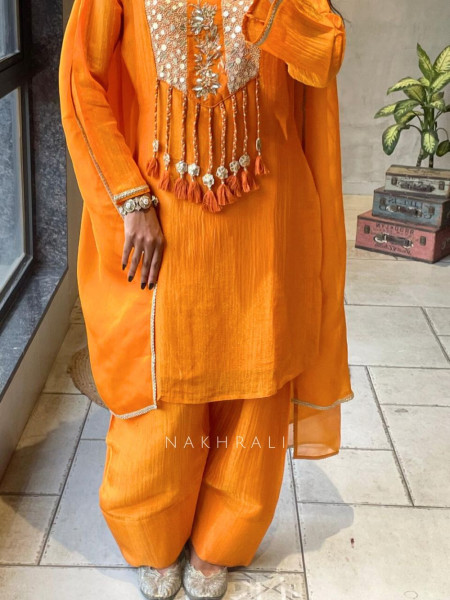 Zivika Orange Suit Set with Embroidered Kurta and Dupatta