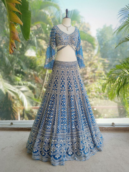 Sheesh Mahal Blue Lehenga Set with Mirror and Heavy Embroidery Work