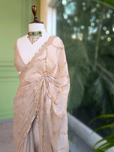 Warm Allure Beige Tissue Saree with Sequin and Cut Dana Work